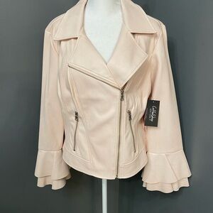 Womens Faux/Vegan Pink Leather Moto Jacket W/Ruffle Cuff Flirty Feminine Party L